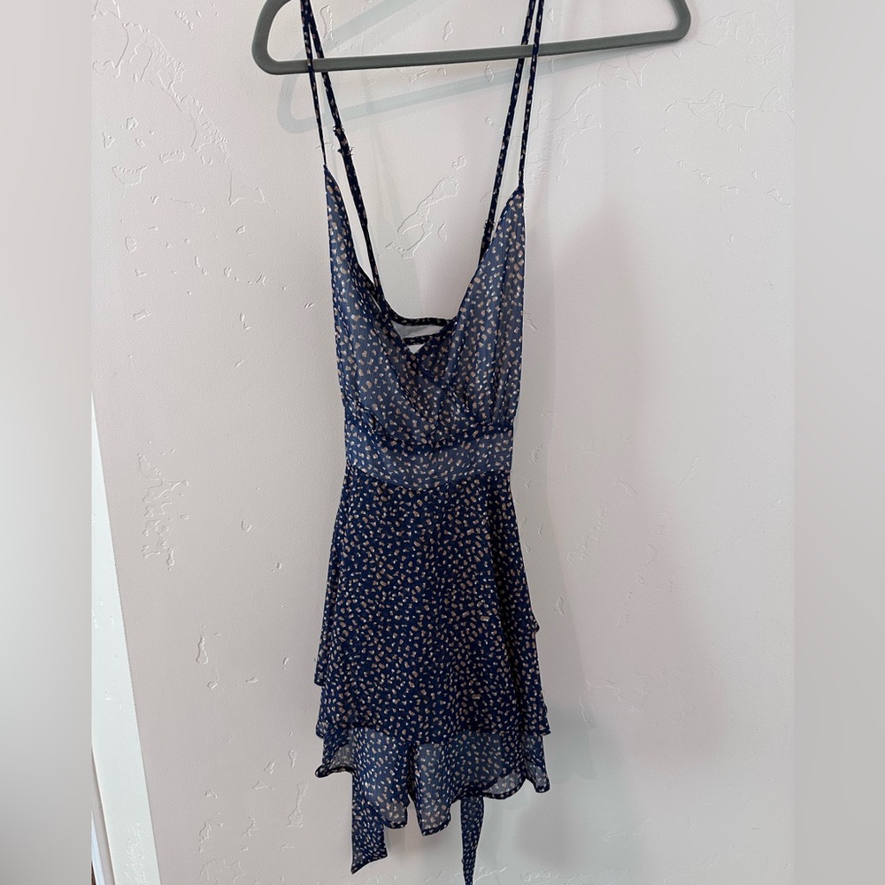 Navy Blue Patterned Spaghetti Strap Romper/Dress with Floral Print